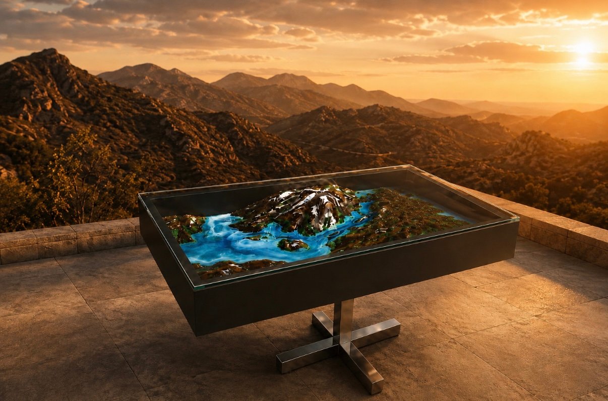 3D mountain landscape table showing layered resin depth