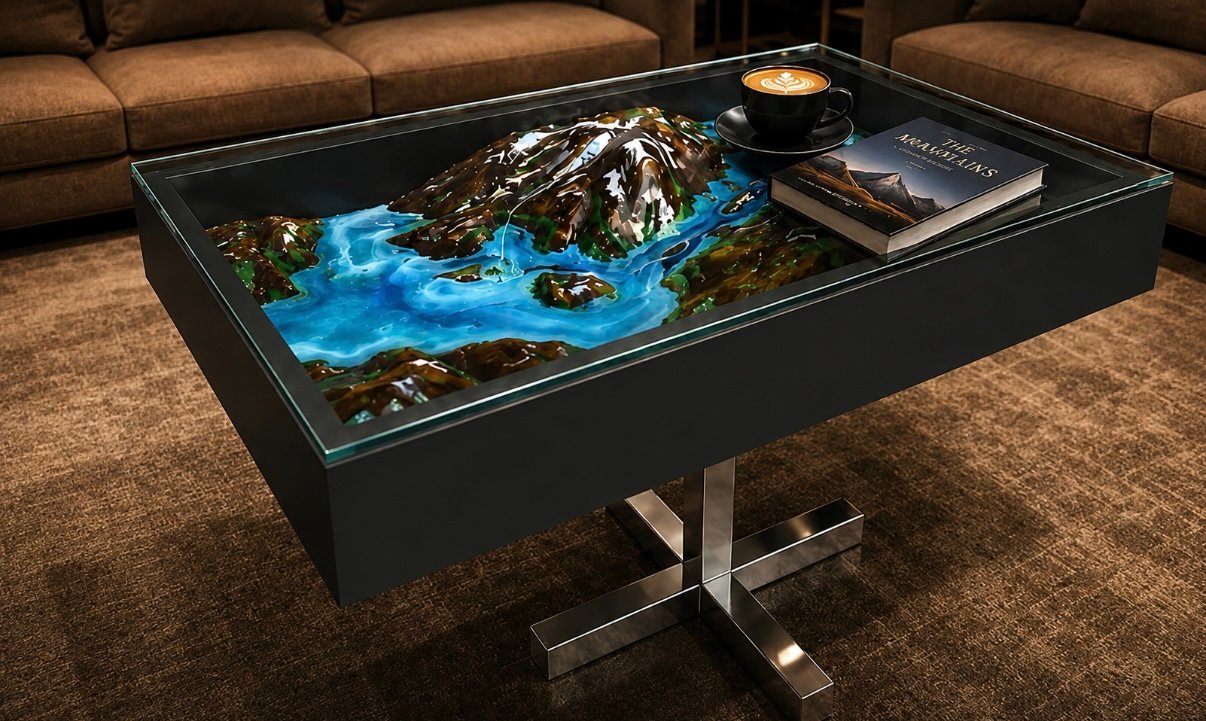 River table with a hand-poured resin river