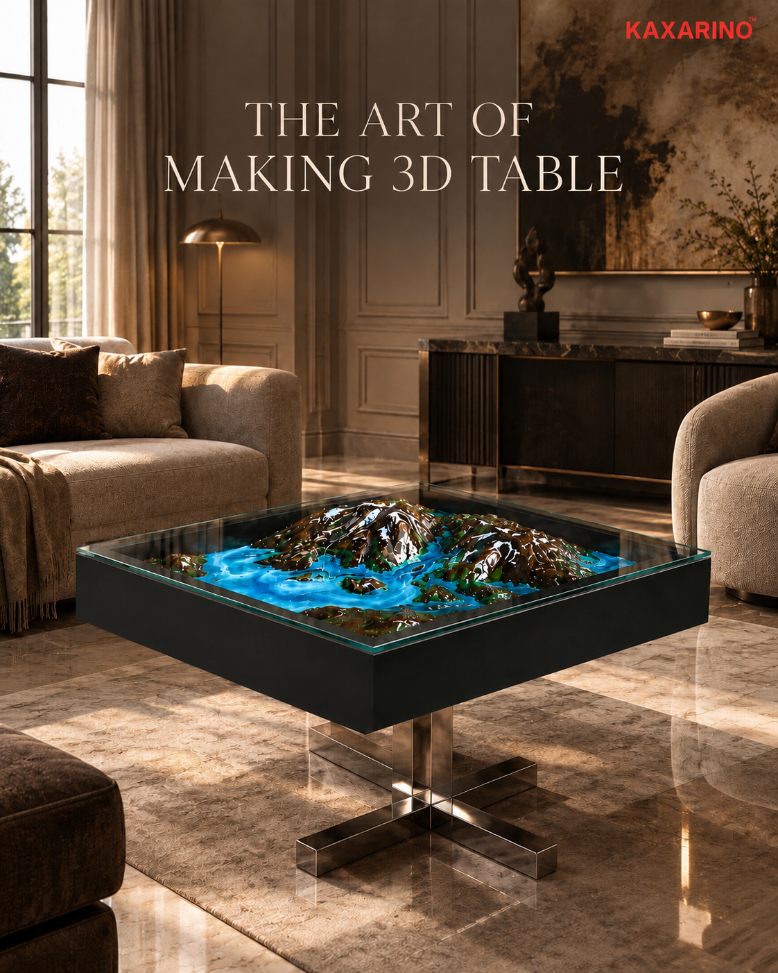 River table with a hand-poured resin river running through it