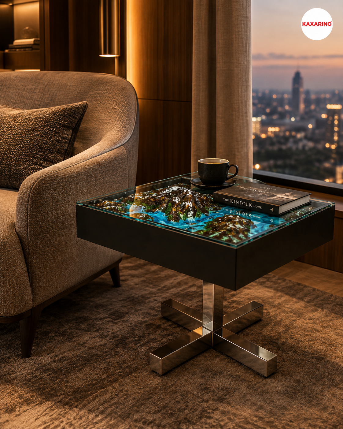 Dining table with a resin and wood landscape surface