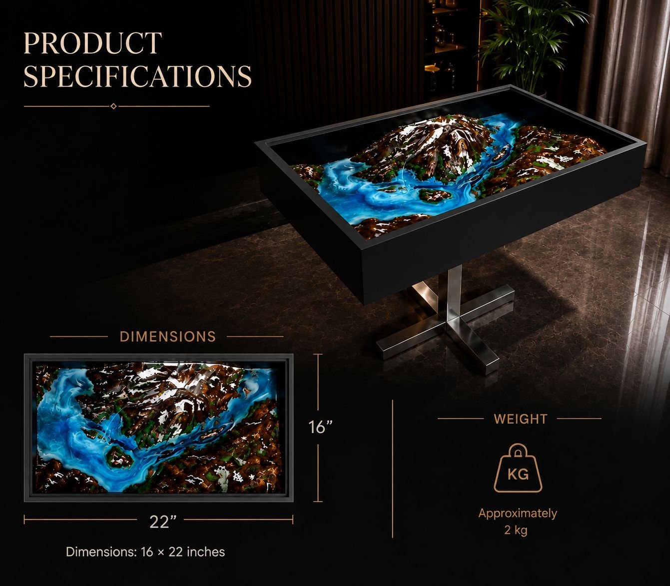 Dining table with a resin and wood landscape surface