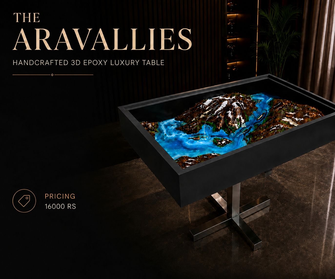 Coffee table with a resin and wood landscape surface